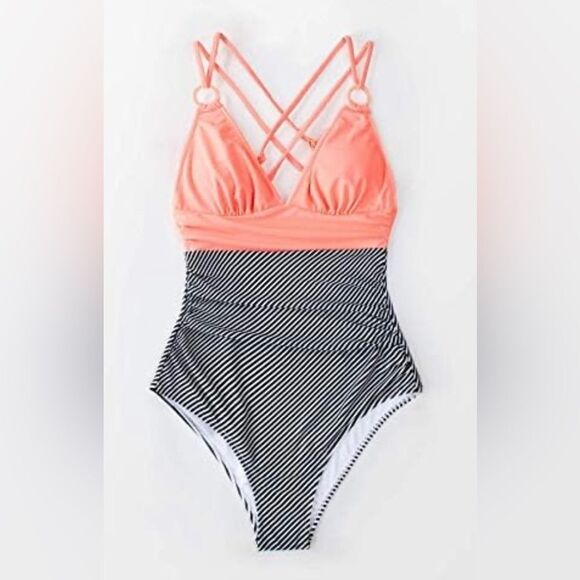 Cupshe Peach and Black Striped One-piece Swimsuit; Size Medium NWT - Picture 5 of 7